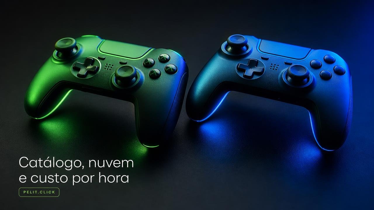Dois controles de videogame iluminados em verde e azul sobre superfície escura