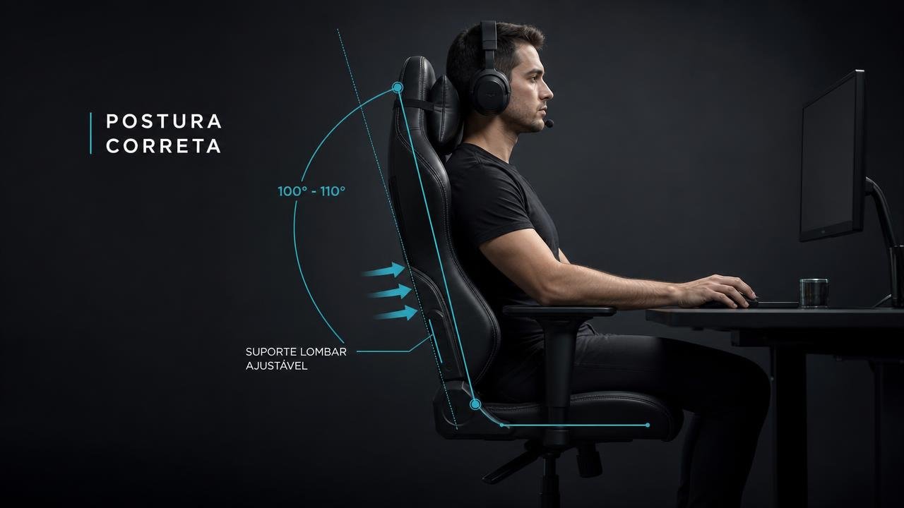 Postura correta em uma cadeira gamer ergonômica, com ângulo de reclínio entre 100° e 110° e suporte lombar ajustável