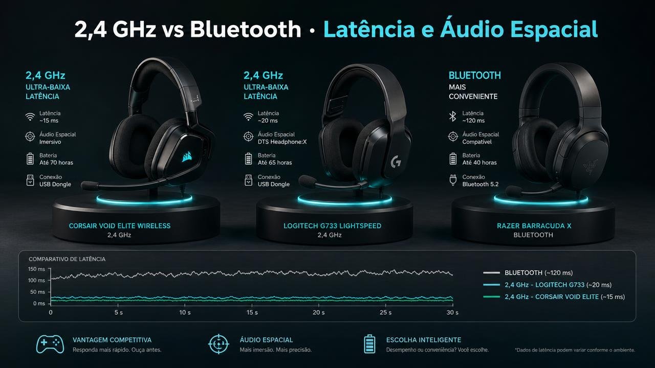 Comparação entre headsets sem fio de 2,4 GHz e Bluetooth com gráfico de latência e especificações técnicas