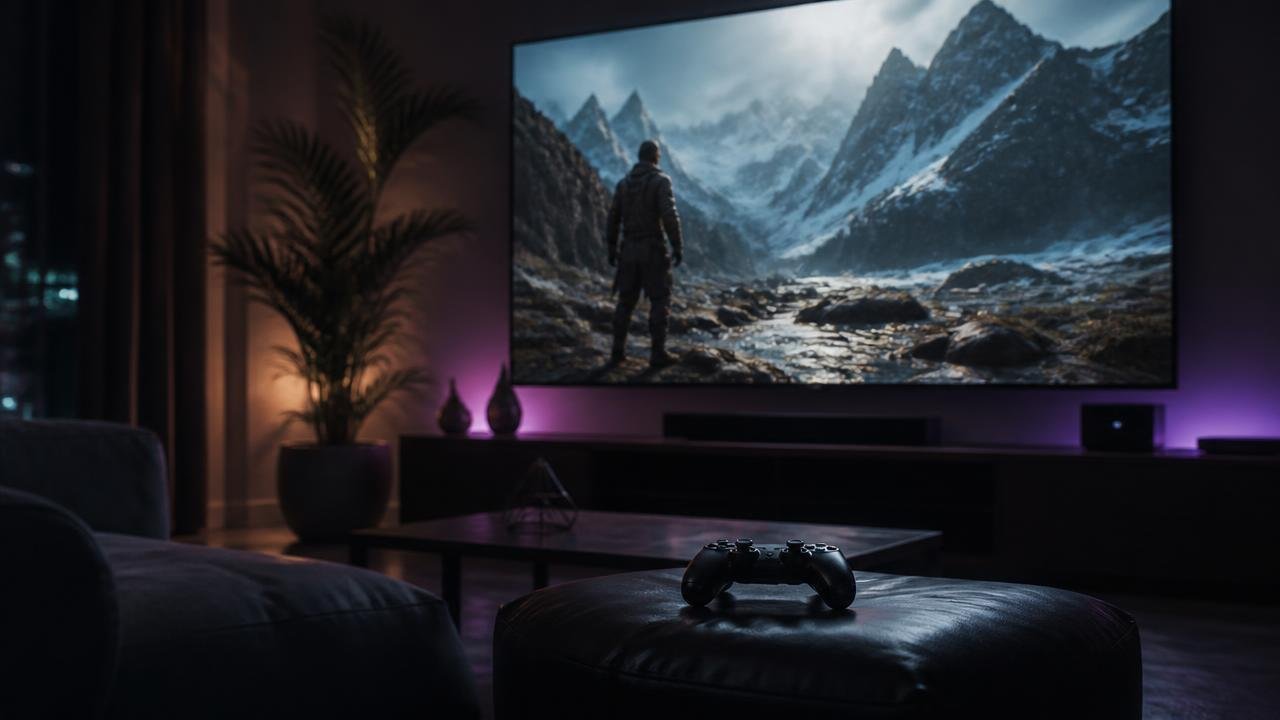 Sala escura com TV OLED exibindo um jogo AAA single-player e controle premium em primeiro plano