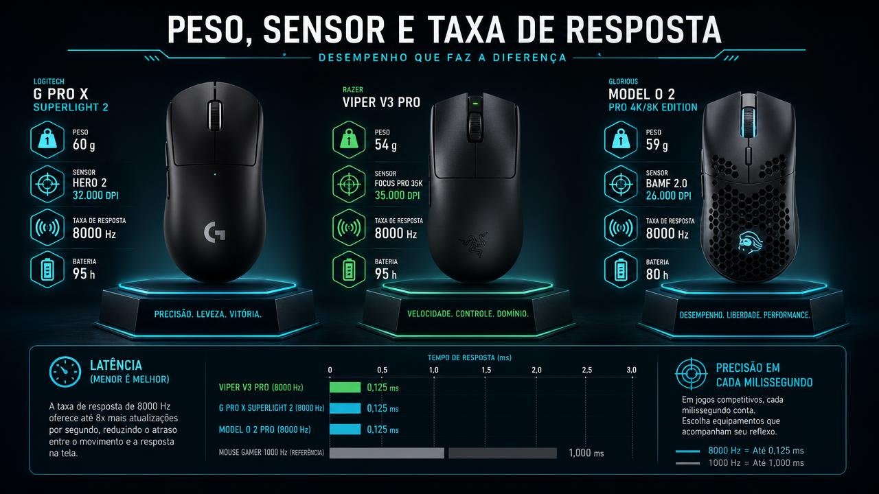 Comparativo de três mouses gamer sem fio premium com peso, sensor, taxa de resposta e autonomia lado a lado