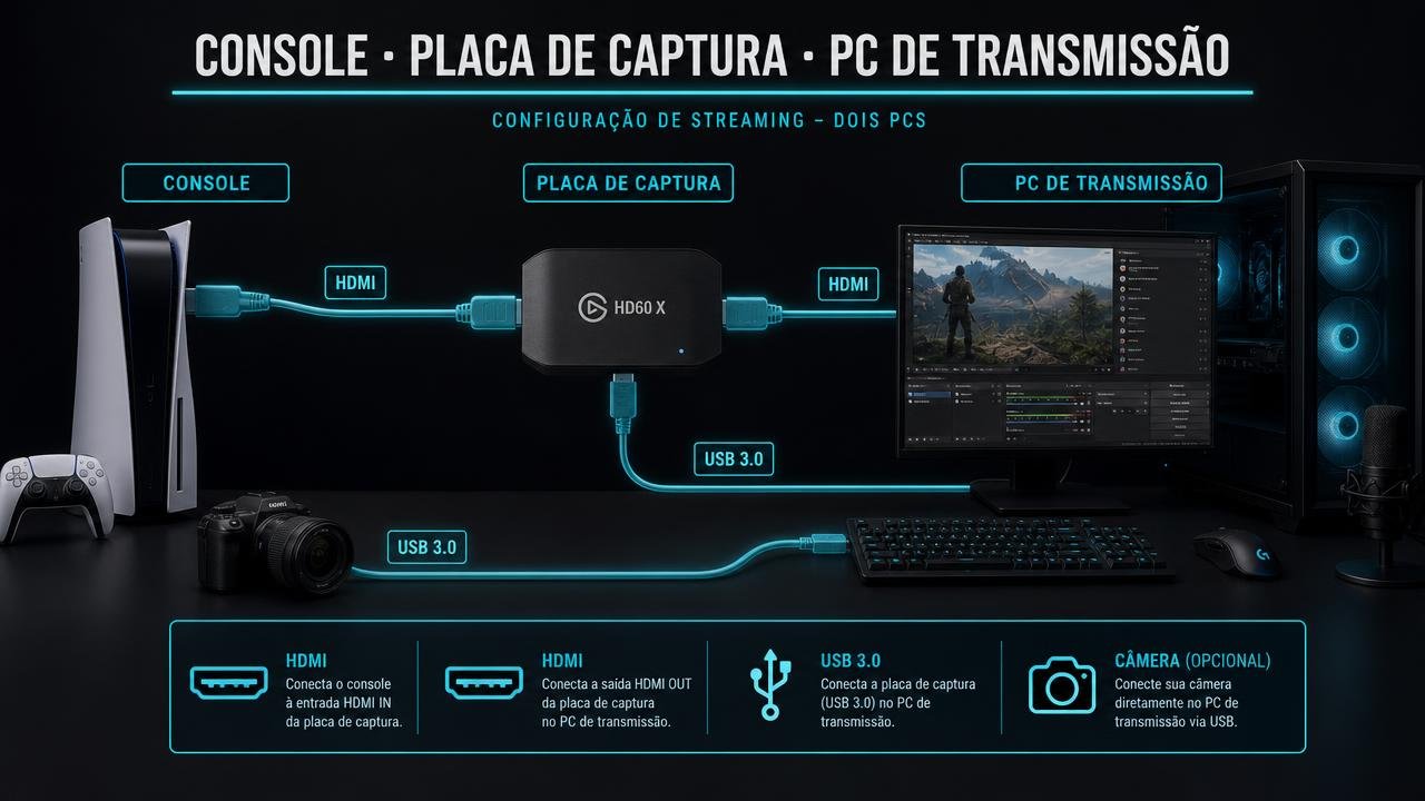 Diagrama de setup de streaming com console, placa de captura e PC de transmissão conectados por HDMI e USB