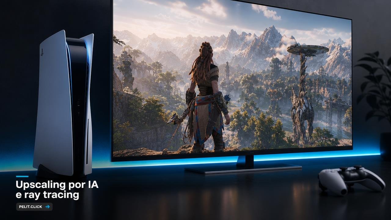 Console de última geração conectado a uma TV 4K exibindo um jogo AAA com ray tracing ativo