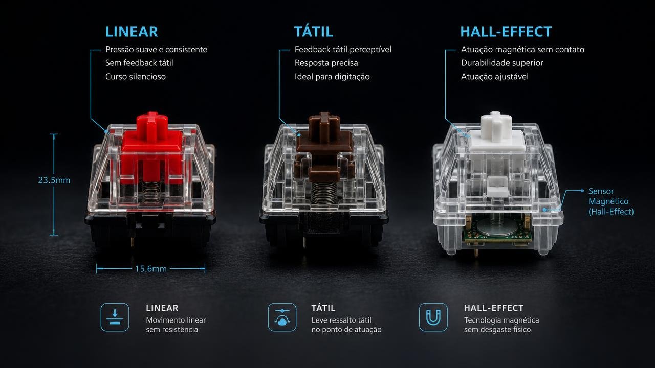 Comparação macro entre switch linear, switch tátil e switch magnético hall-effect com legendas técnicas